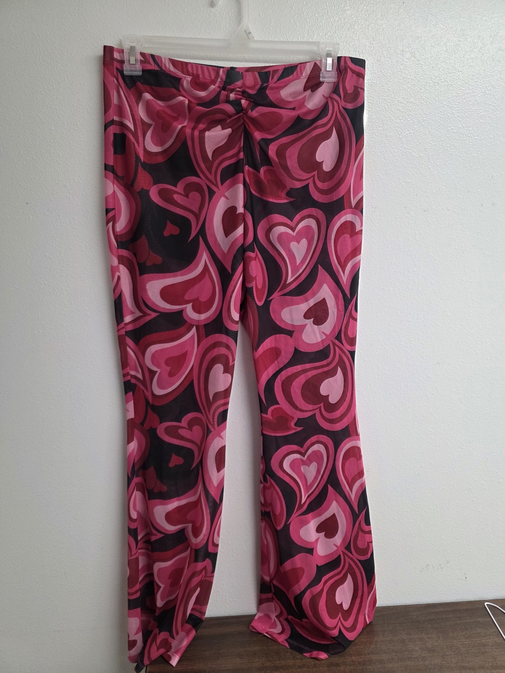 SHEIN Pink & Black Heart-Print Flared Trousers (0755)